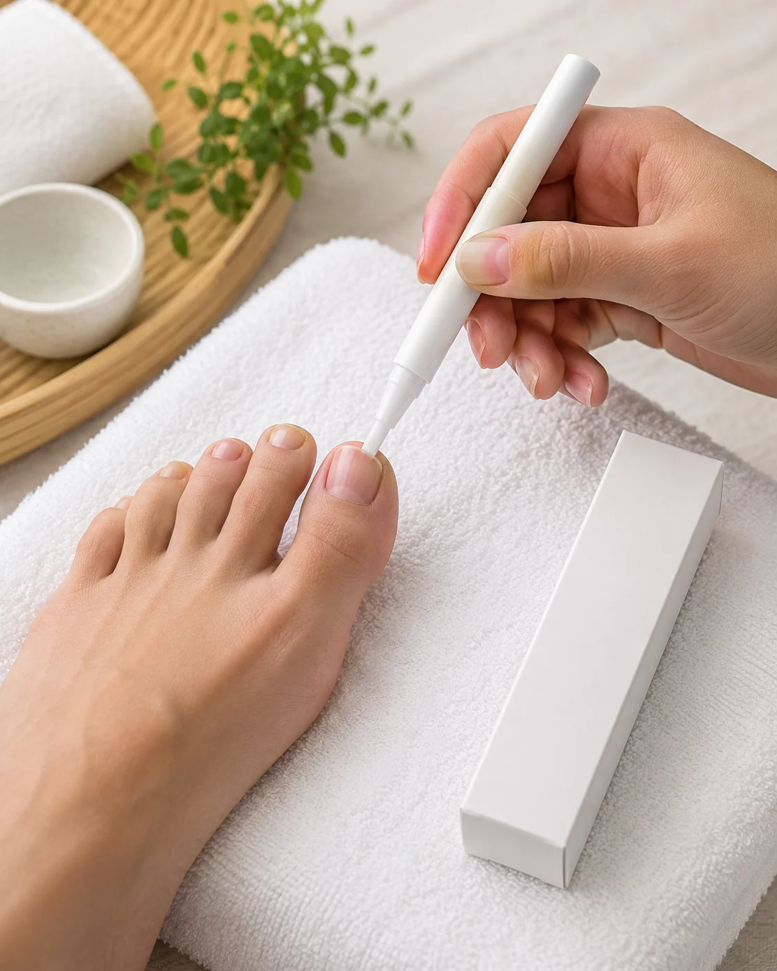 Applying a generic nail-care pen to a clean toenail