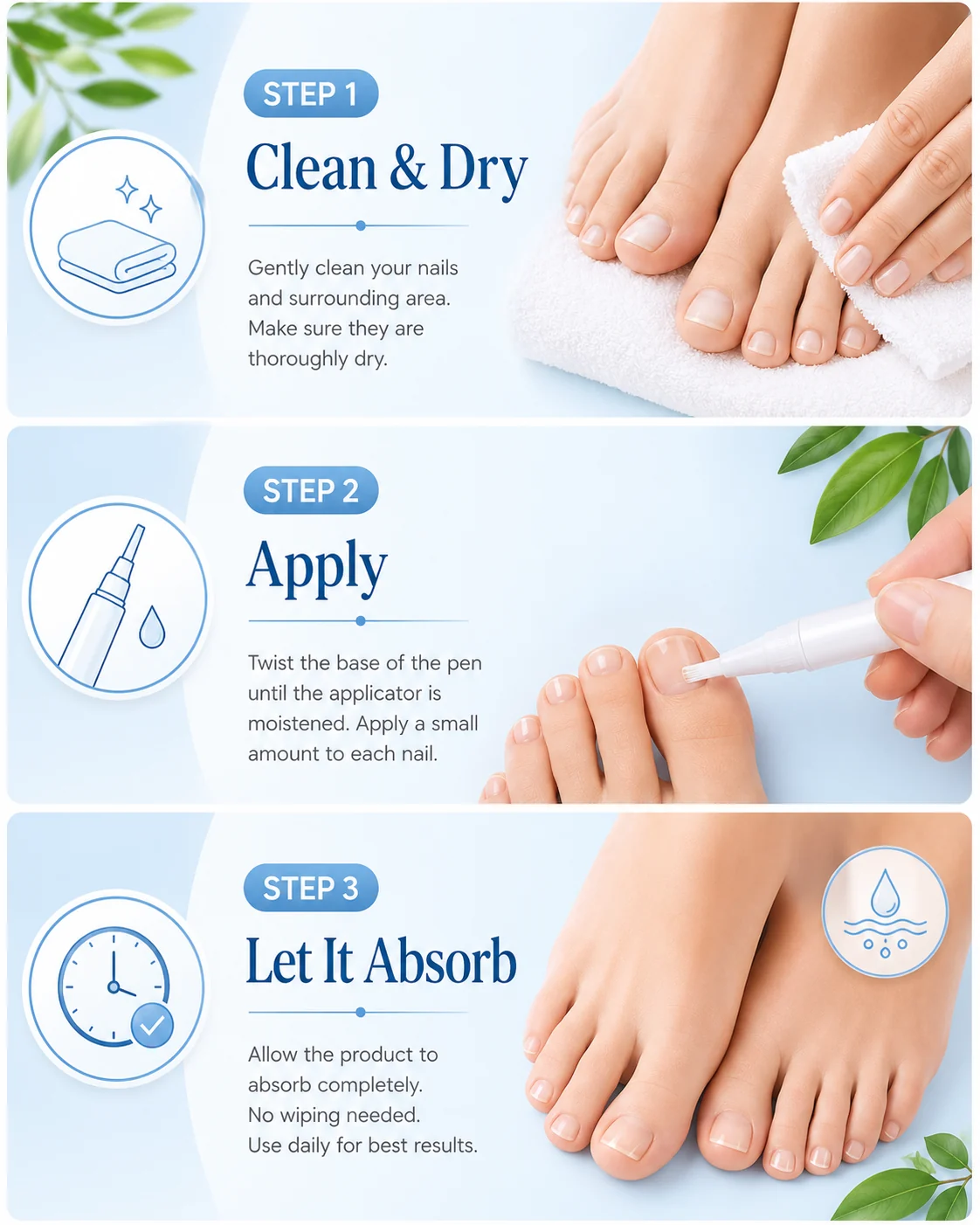 Clean dry apply and absorb topical nail-care routine